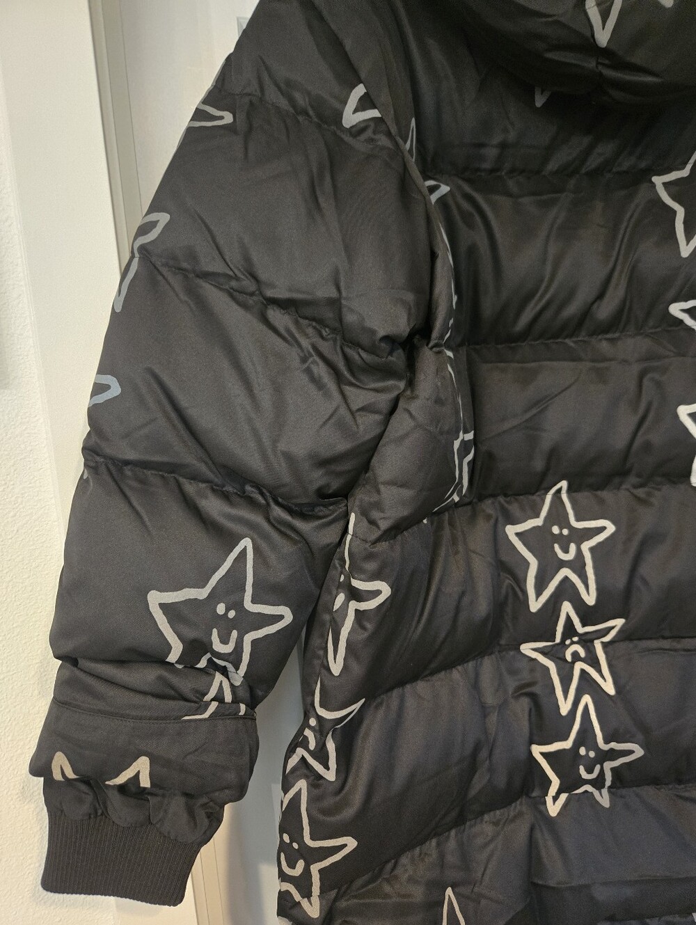 NWT! Lazy Oaf Happy Sad Reflective Print Longline Puffer Coat. Size S - Picture 7 of 16